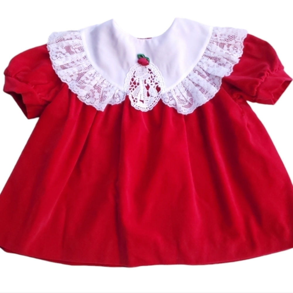 Vintage Somersaults Dress Red Velvet Lace Collar Baby Girls 18 Months 